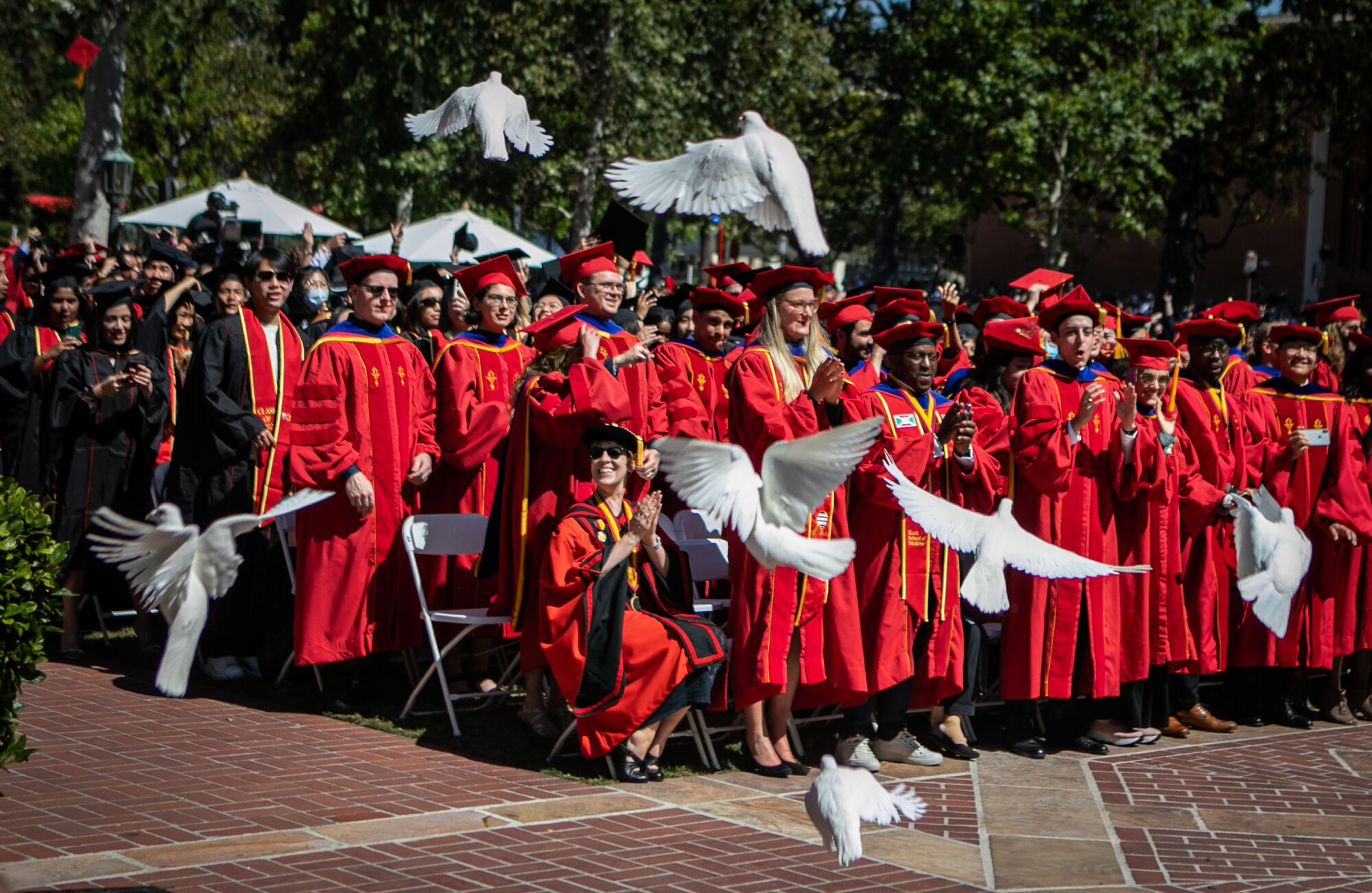 Doves fly in front of clapping graduates at USC commencement.
