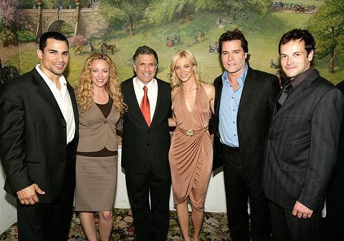 From left: "Smith's" Franky G and Virginia Madsen, CBS President Leslie Moonves, actors Amy Smart, Ray Liotta and Jonny Lee Miller at the 2006 CBS Upfront party.