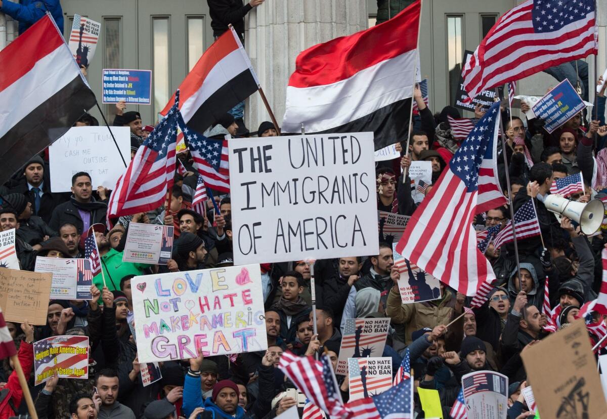 Protesters rally against the Trump administration's immigration policies in New York in February 2017. 