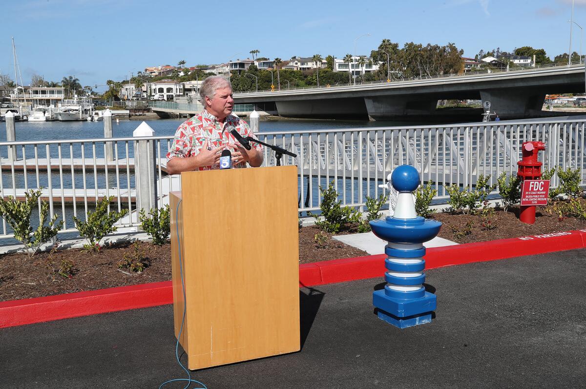 Newport Beach public works director Dave Webb addresses the audience at Friday's ceremony.