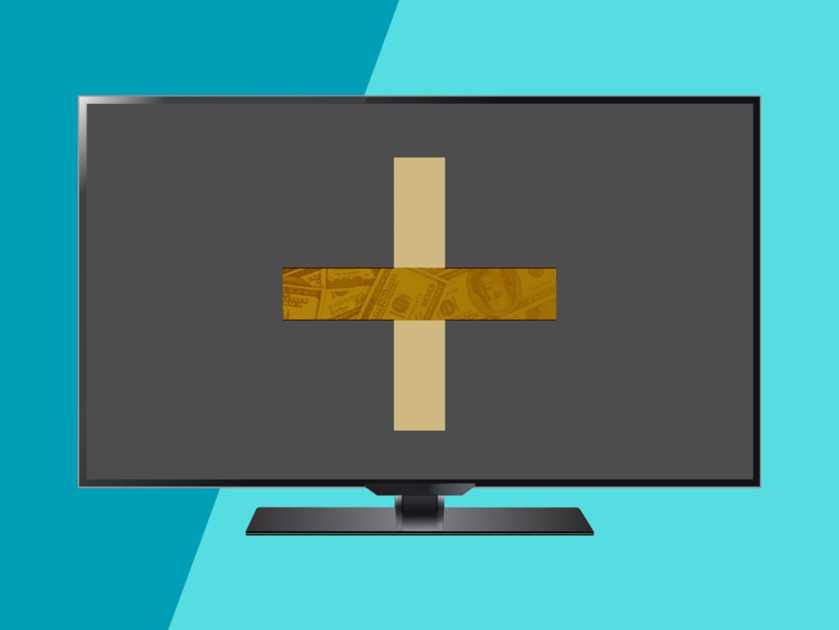 photo illustration of a television with a plus sign  overlaid with a minus sign on the screen.