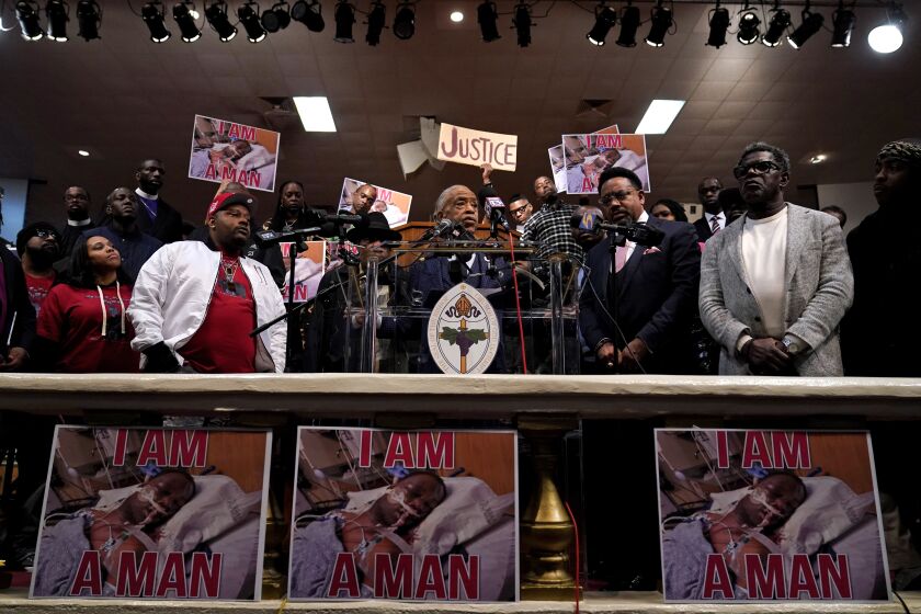 The Rev. Al Sharpton speaks during a news conference about the death of Tyre Nichols, Tuesday, Jan. 31, 2023, in Memphis, Tenn. A funeral service for Nichols, who died after being beaten by Memphis police officers, is scheduled to be held on Wednesday. (AP Photo/Jeff Roberson)