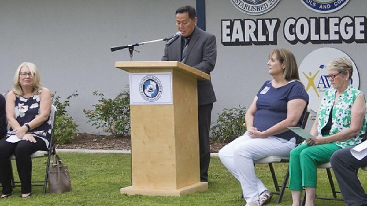 Russell Lee-Sung makes comments during a 2018 event at Early College High School.