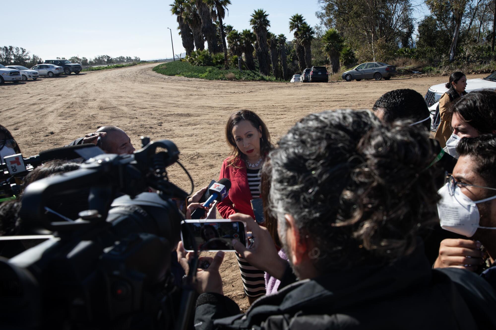 Imperial Beach Mayor Paloma Aguirre speaks to reporters