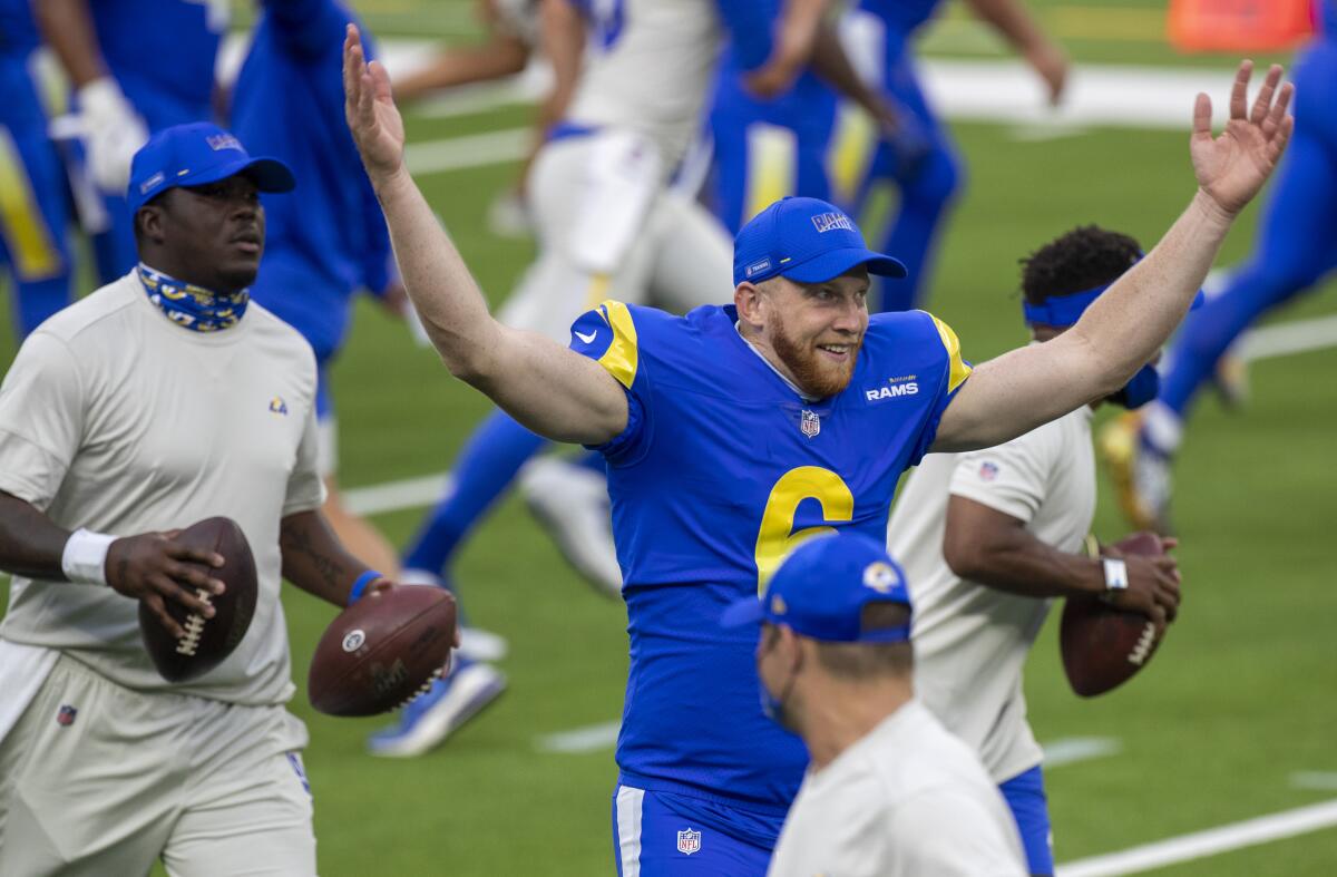 Rams punter Johnny Hekker is ready to start the first scrimmage at SoFi Stadium in August 2020.