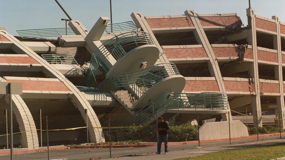 A Cal State Northridge parking structure suffered a near total collapse in the Jan. 17, 1994, earthquake.