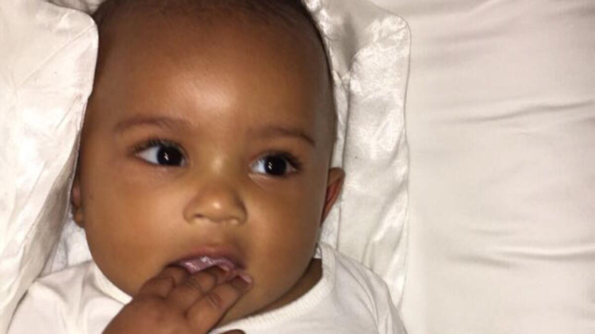 Saint West, son of Kim Kardashian and Kanye West, at 6 months old.