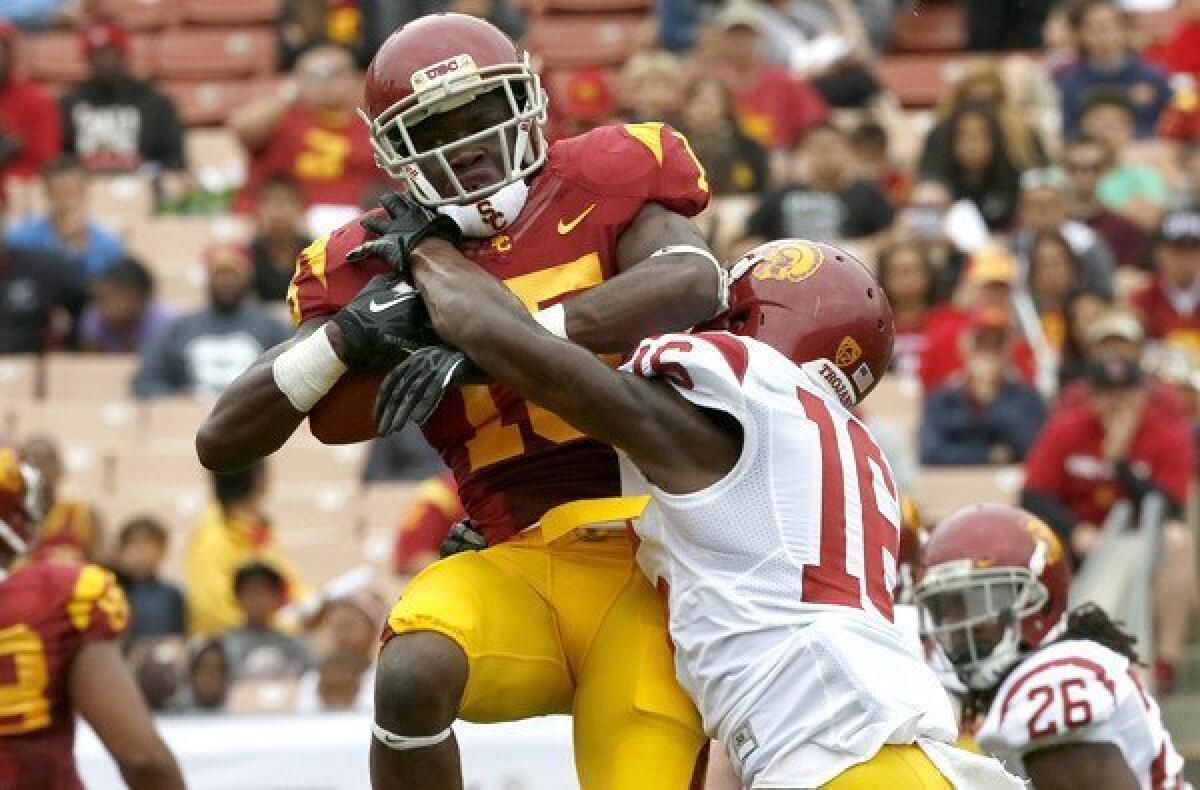 Trojans receiver Nelson Agholor makes a catch during USC's spring scrimmage.
