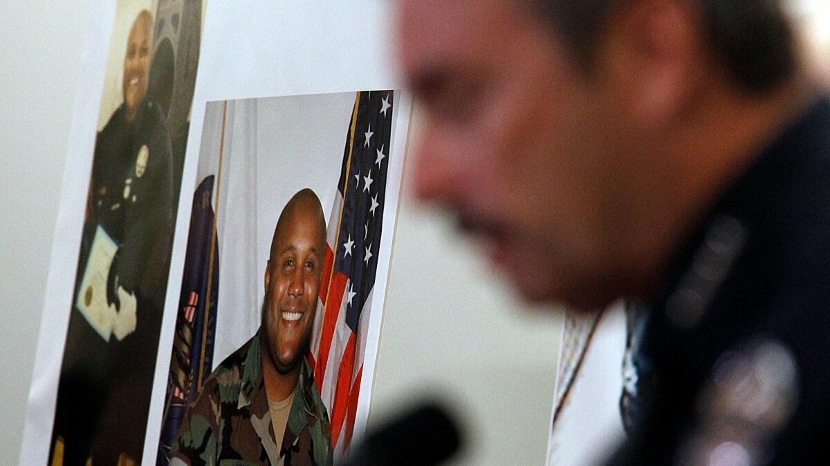 LAPD Chief Charlie Beck, right, talks to reporters during the manhunt for rogue ex-Officer Christopher Dorner, pictured at left, who killed four people and wounded three others.