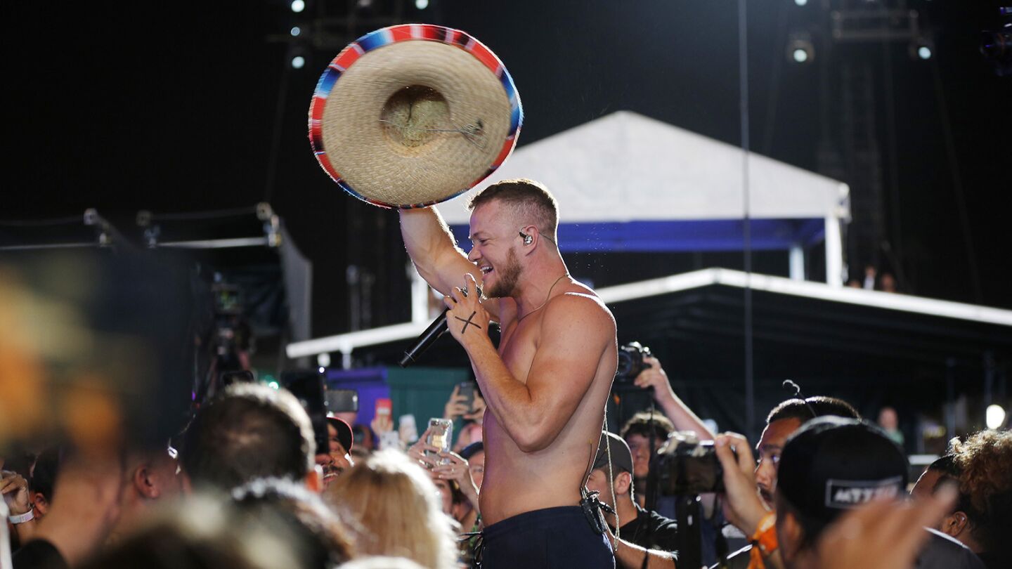 Dan Reynolds of the band Imagine Dragons performs at KAABOO Del Mar on Saturday, September 15, 2018. (Photo by K.C. Alfred/San Diego Union-Tribune)