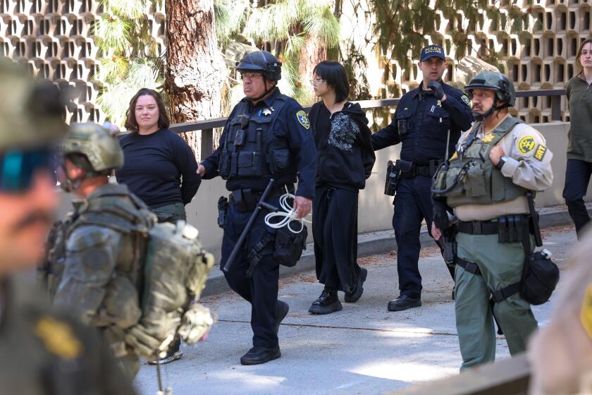 Westwood, CA - May 06: Pro-Palestinian supporters were arrested at the Westwood campus of UCLA on Monday, May 6, 2024 in Westwood, CA. (Brian van der Brug / Los Angeles Times)