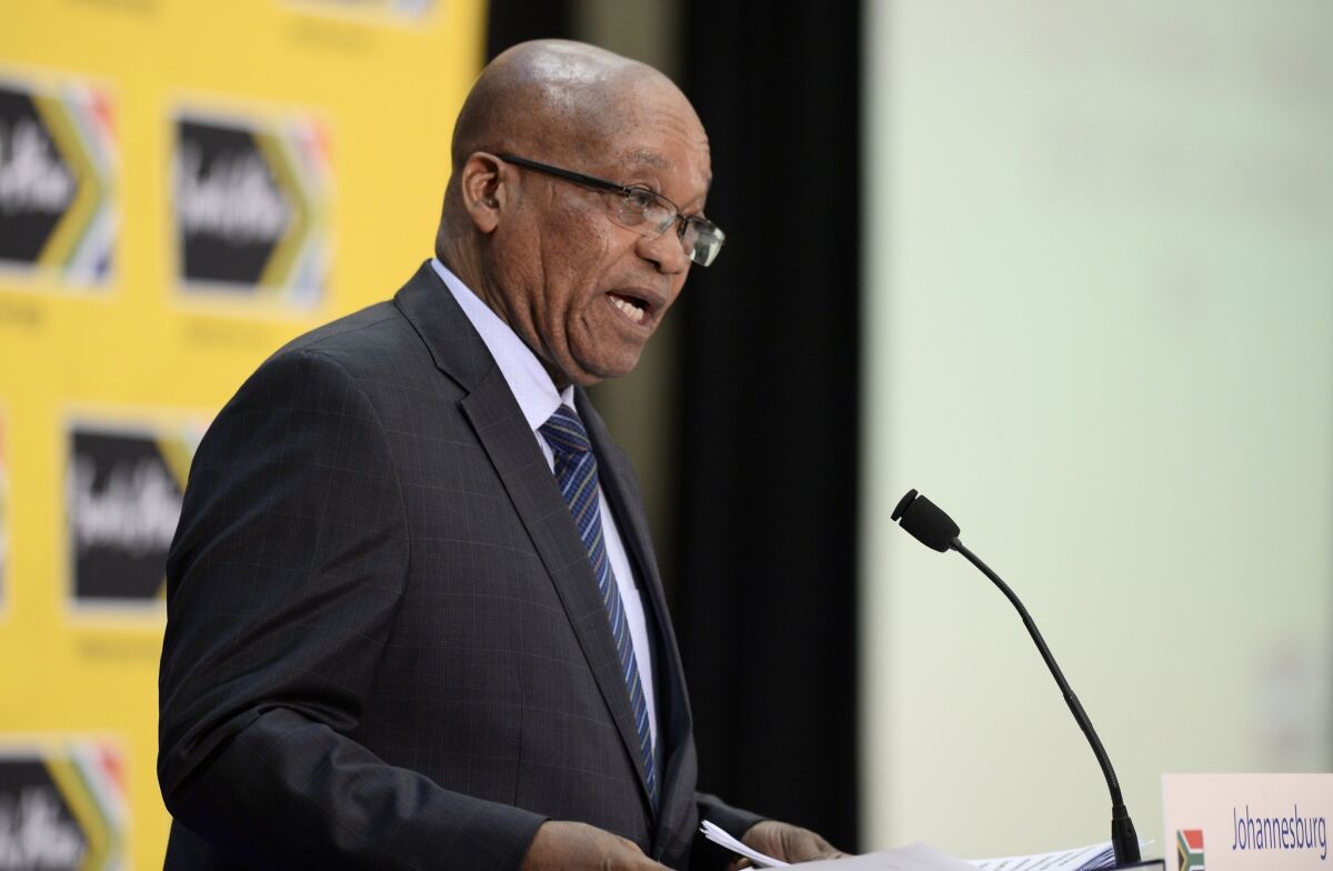 South African President Jacob Zuma delivers a speech during a business forum with France in Johannesburg.