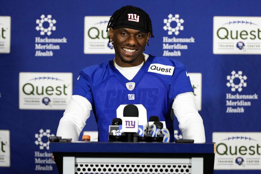 Wide receiver Malik Nabers speaks at a press conference during the NFL football team's rookie minicamp at Quest Diagnostics Training Center, Friday, May 10, 2024, in East Rutherford, N.J. (AP Photo/Julia Nikhinson)