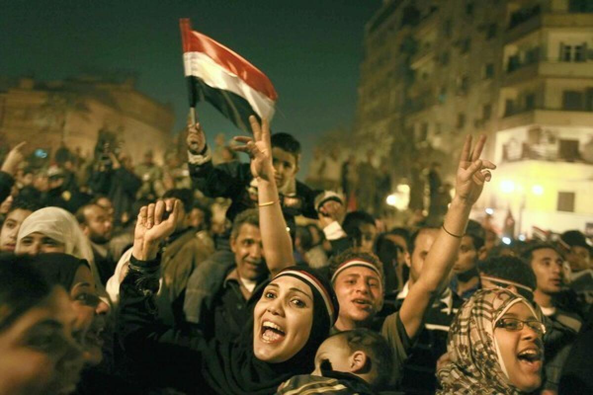 Crowds in Cairo's Tahrir Square react in February to the announcement that President Hosni Mubarak will step down from the position.