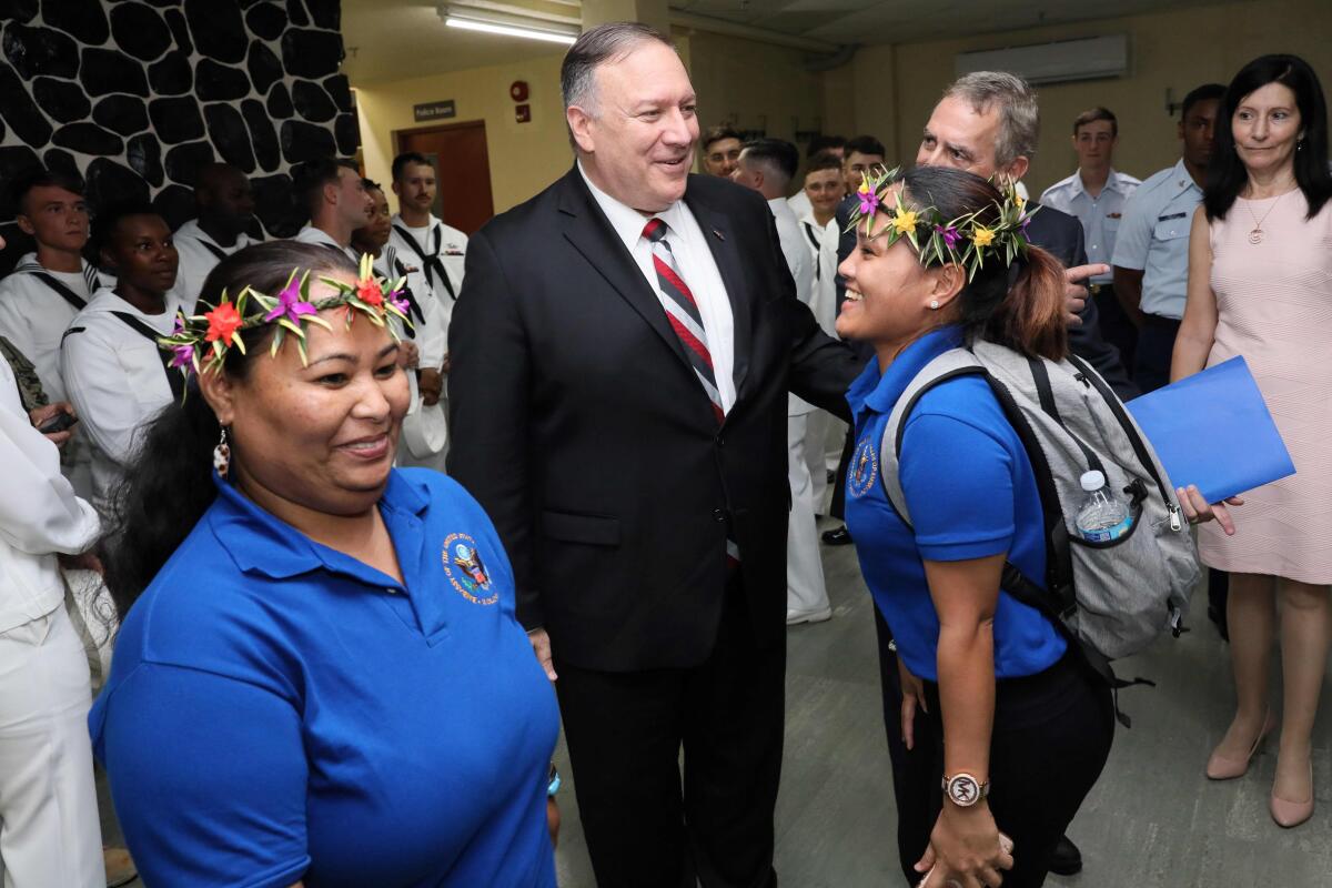 U.S. Embassy staff members meet Secretary of State Michael R. Pompeo in a reception at Pohnpei International Airport in Kolonia.