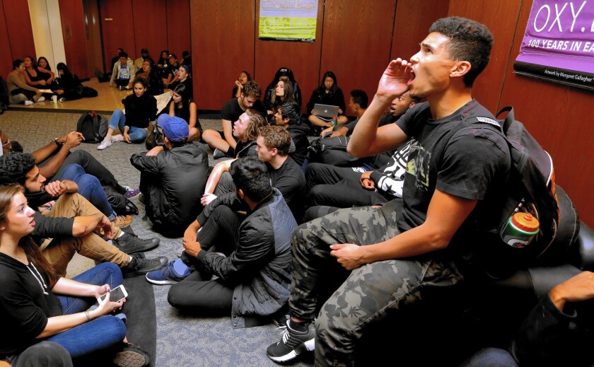 Students unhappy with Occidental College's handling of diversity issues begin their occupation of the Arthur G. Coons Administrative Center on the Eagle Rock campus.