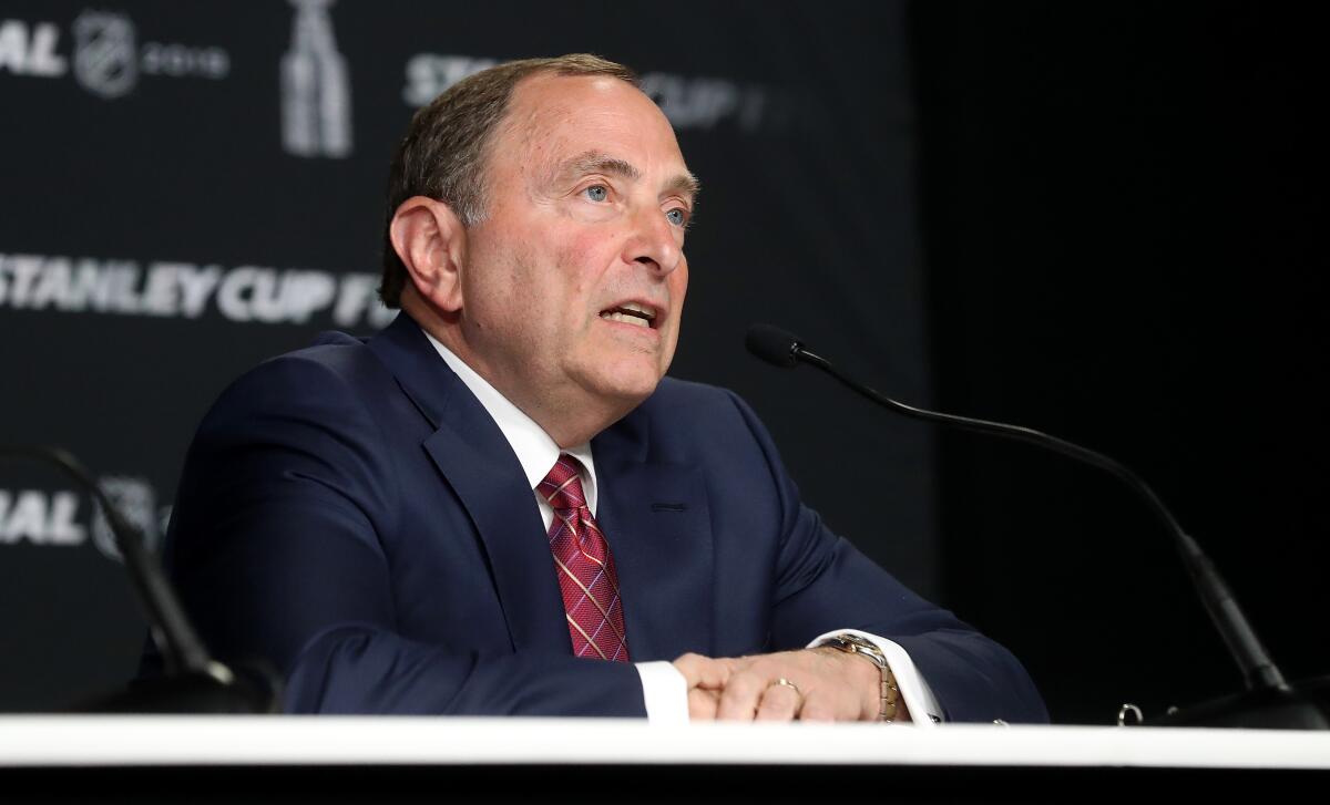 NHL commissioner Gary Bettman speaks before Game 1 of the 2019 NHL Stanley Cup finals on May 27, 2019.