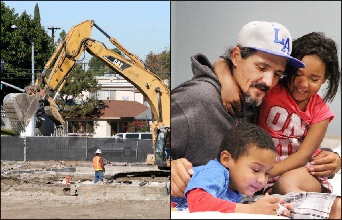 Left: Demolition continues at 3413 W Olive Ave. Right: Gilbert Camacho, with his children Amellio, 4, and Olyvia, 5, sit on an inflatable bed in the room they are staying in at Glendale Presbyterian Church as part of Family Promise of the Verdugos on Wednesday, November 4, 2015.