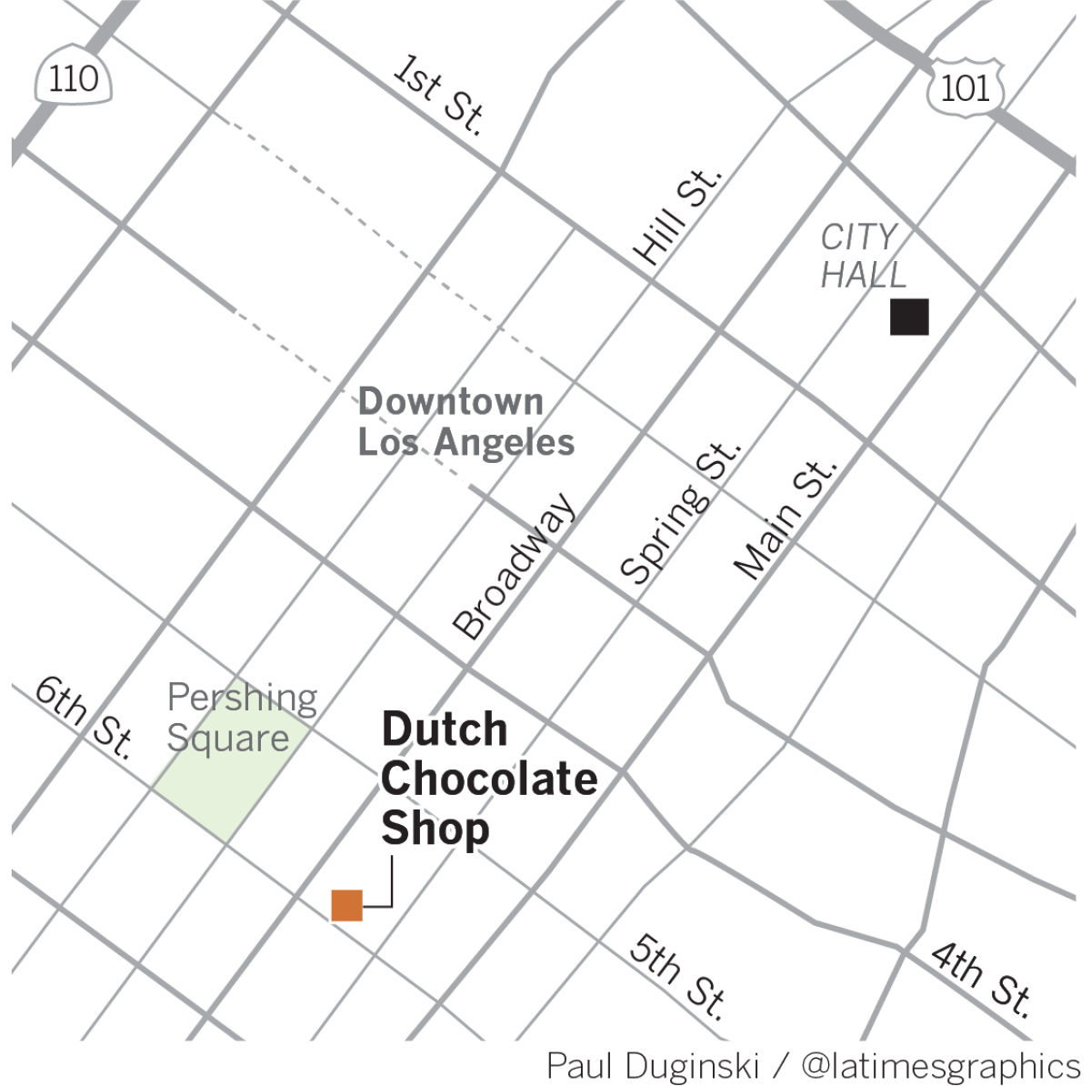 Map of Dutch Chocolate Shop in Downtown Los Angeles.