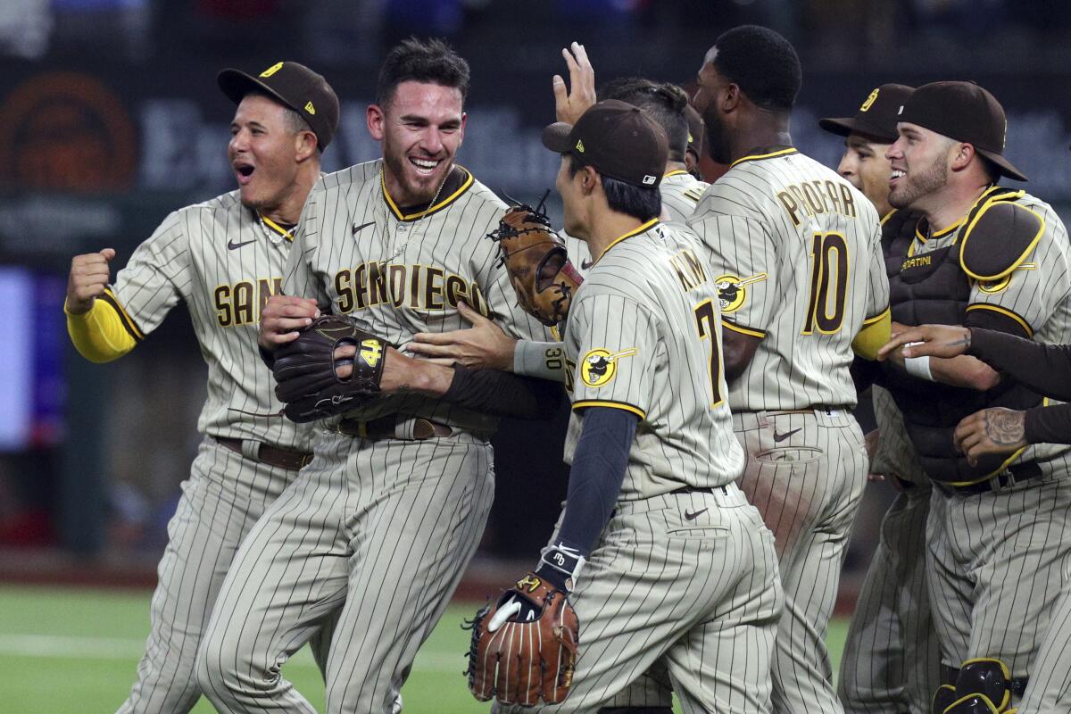 Joe Musgrove, second from left, celebrates with his teammates after throwing a no-hitter.