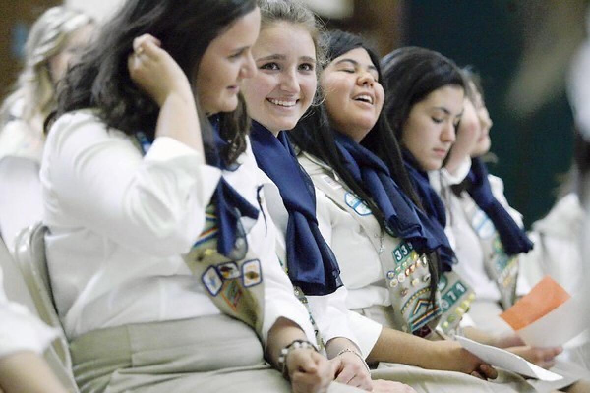 Courney De Paoli, 18, listens to speeches during rehearsal for Girl Scout Gold Awards, which took place at the Latter-day Saints church in La Canada on Friday, May 10, 2013.