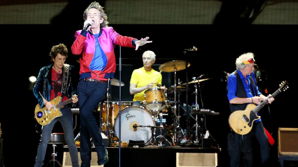 The Rolling Stones — Ron Wood, left, Mick Jagger, Charlie Watts and Keith Richards, photographed in Indio in 2016 — will bring their No Filter stadium our to 12 states in 2019.