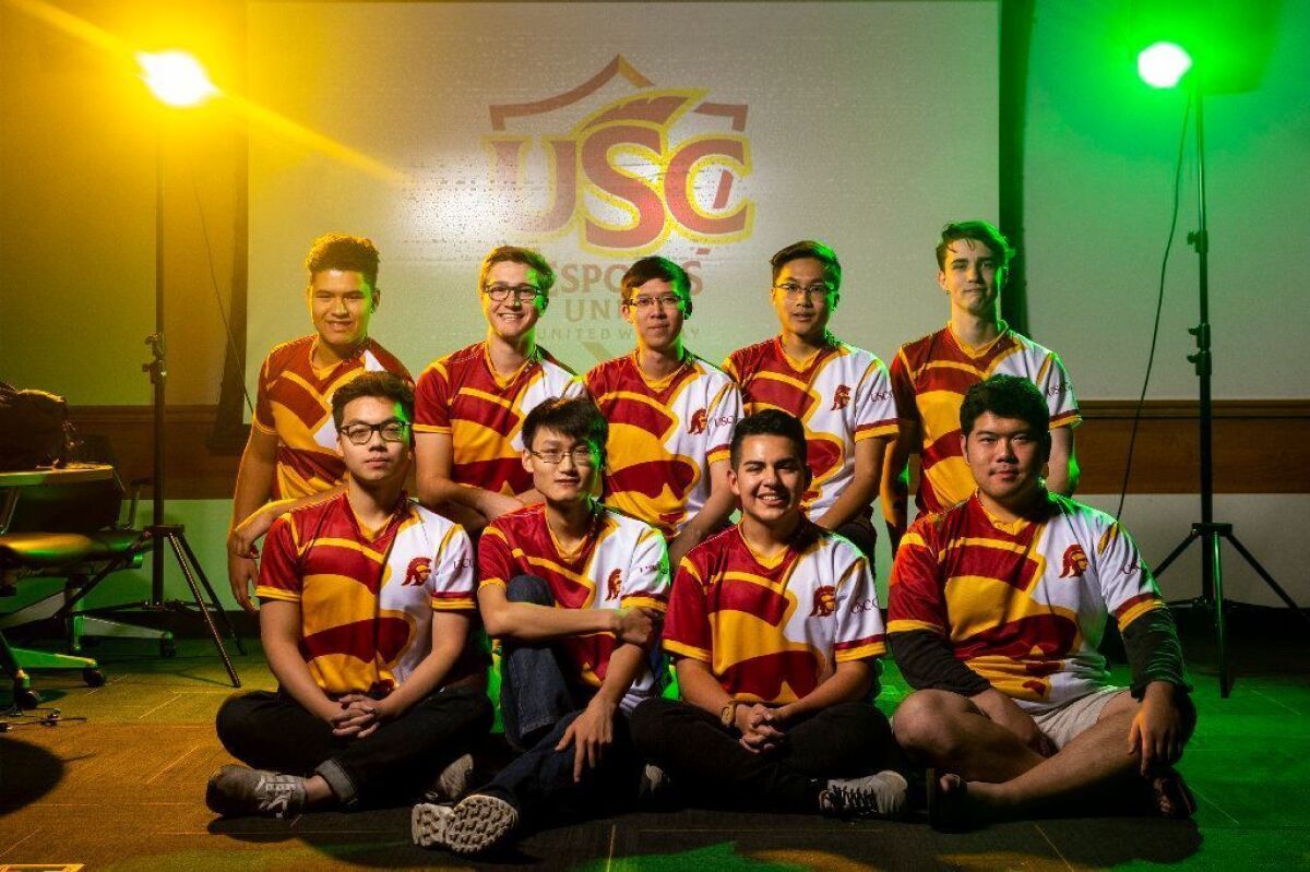 USC's esports team includes, from left, in front: Duc Minh Nguyen, Jonathan Chai, Ulysses Quesada, Michael Yuan. In back are Brandon Gunning, Jack Johnson, Hoang Phan, William Huang, and Damian Dorrance-Steiner
