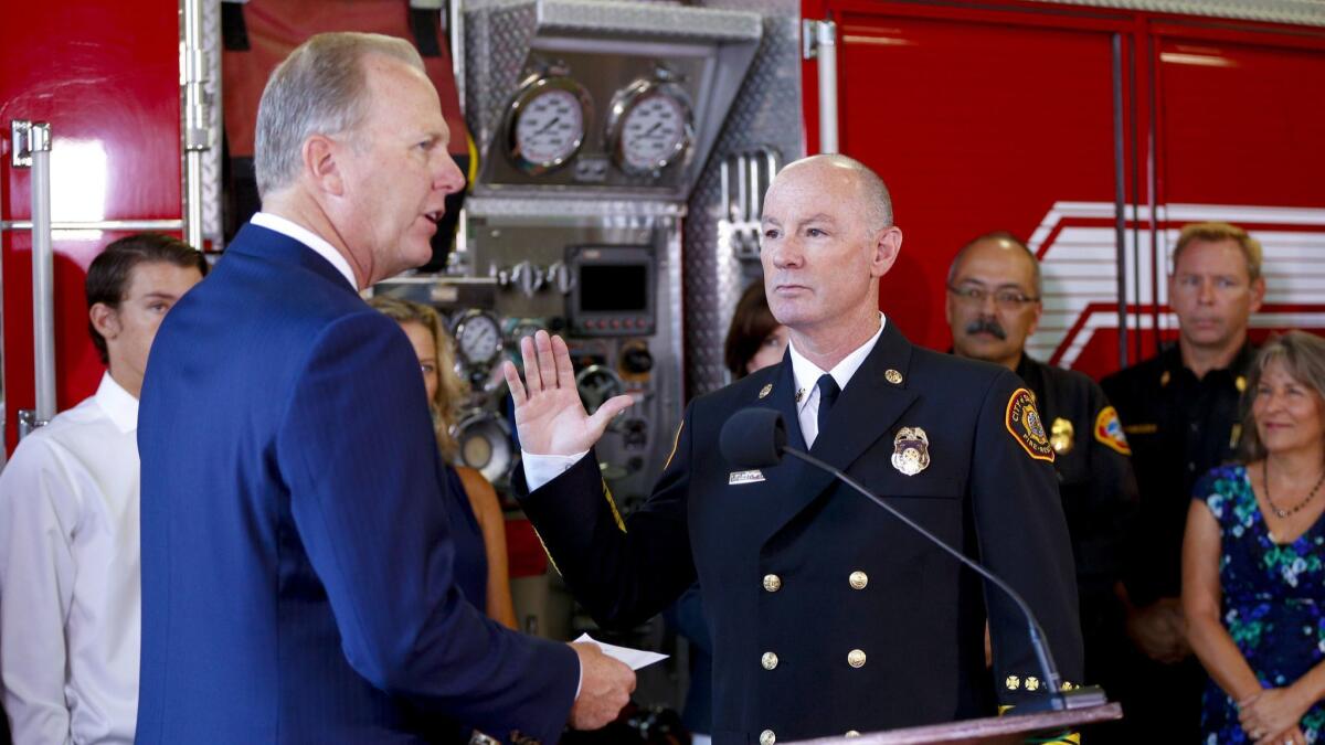 Sirens went off at the Aug. 13 ceremony held at SDFD Station One in downtown, as San Diego Mayor Kevin Faulconer swore in Colin Stowell. He is the city's 18th Fire-Rescue Department chief.