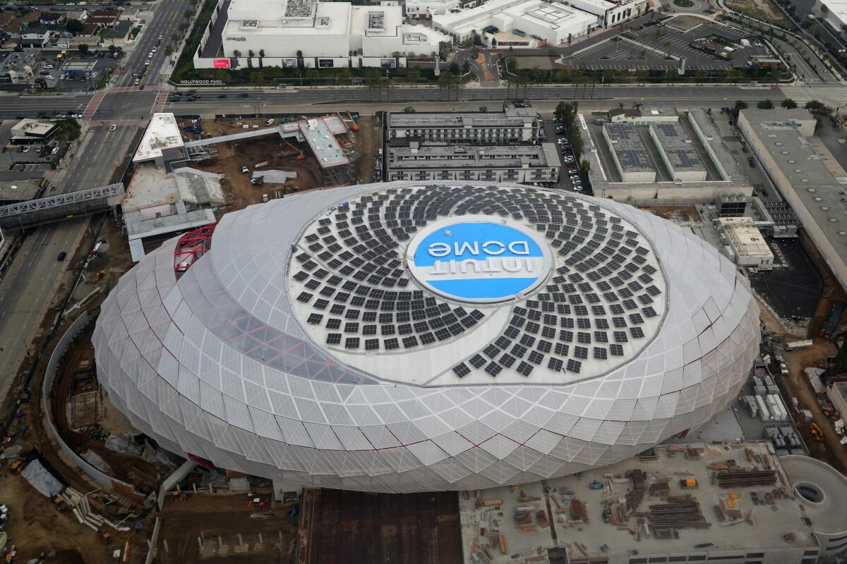 The Intuit Dome is seen in an aerial view. 