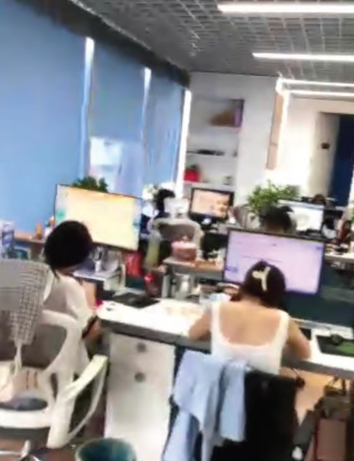 A photo showing the backs of several workers seated at desks with computer monitors.