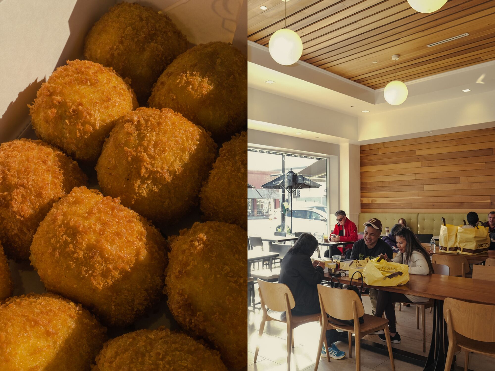 Rows of potato balls, left, and diners at Porto's Bakery, right.