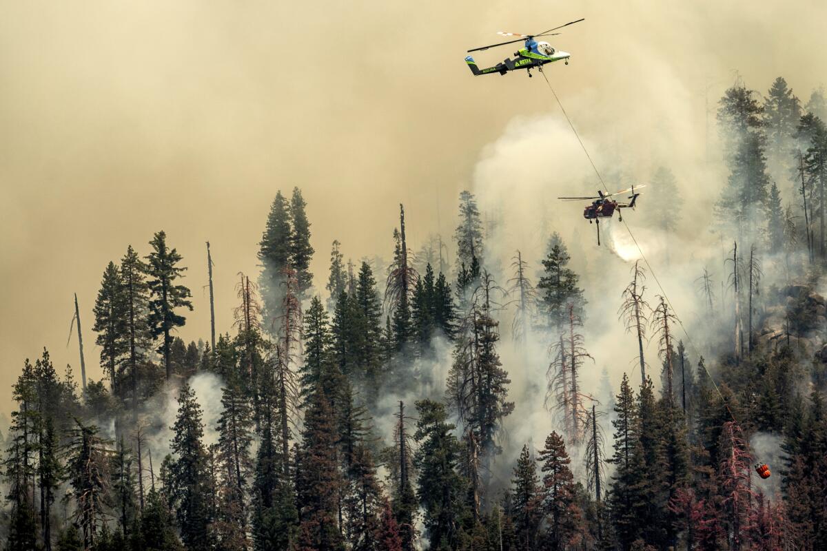 A helicopter drops water on a wildfire.