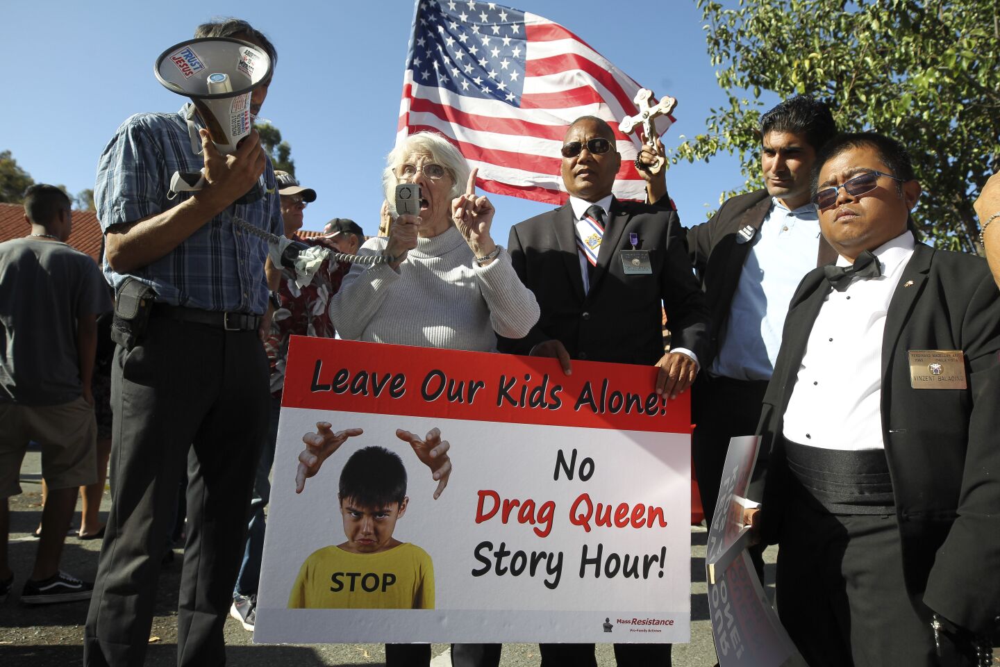 Karen Grube speaks to other protesters against the Drag Queen Story Hour at the Chula Vista Public Library Civic Center Branch on Tuesday, September 10, 2019 in Chula Vista, California.