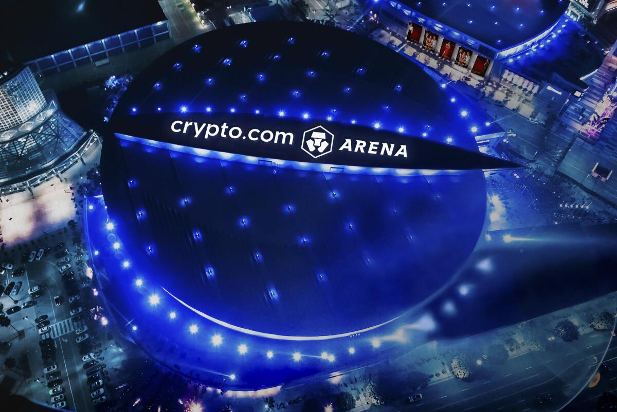A rendering of the roof of Staples Center with the name  Crypto.com Arena on it.