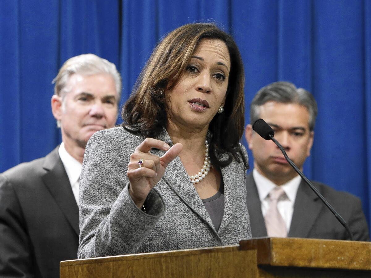 California Atty. Gen. Kamala Harris is seen on Monday during a news conference in Sacramento discussing the package of bills she is supporting to help deal with the state's elementary school truancy problem.