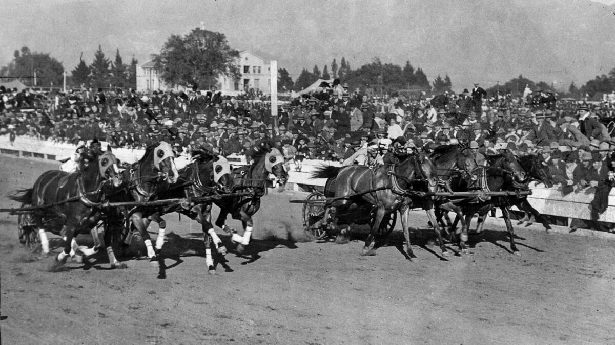 Jan. 1, 1915: Two teams of horses drive down the stretch during the last chariot races at the Tournament of Roses.