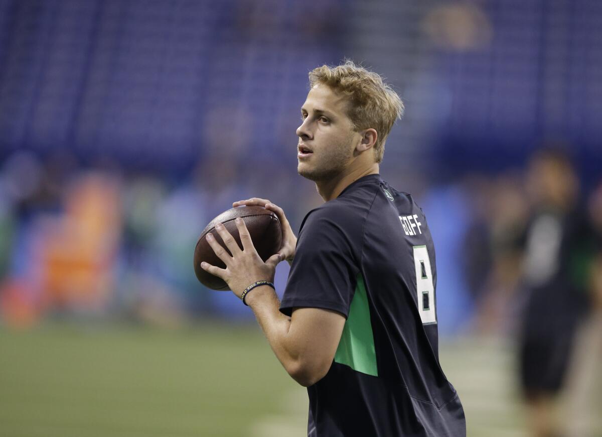 California quarterback Jared Goff runs a drill at the NFL scouting combine on Feb. 27.