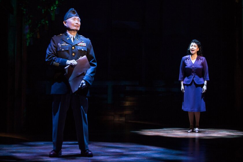 This image provided by The O & M Company shows actress Lea Salonga, right, with George Takei during a performance of "Allegiance," in New York. (Matthew Murphy/The O & M Company via AP)