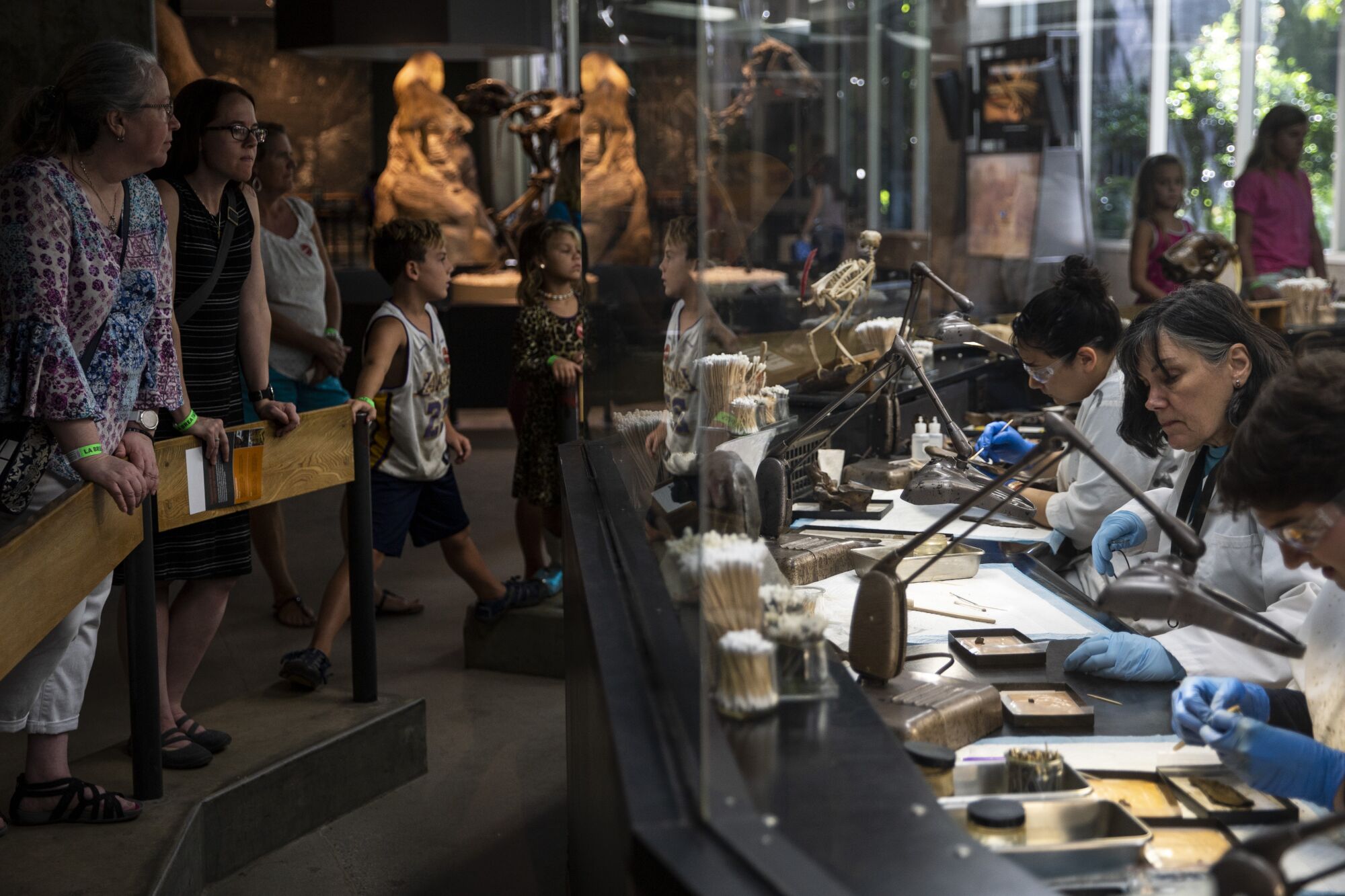 İnsanlar, La Brea Katran Çukurları ve Müzesi'ndeki Fosil Laboratuvarında bir gösteri izliyor.