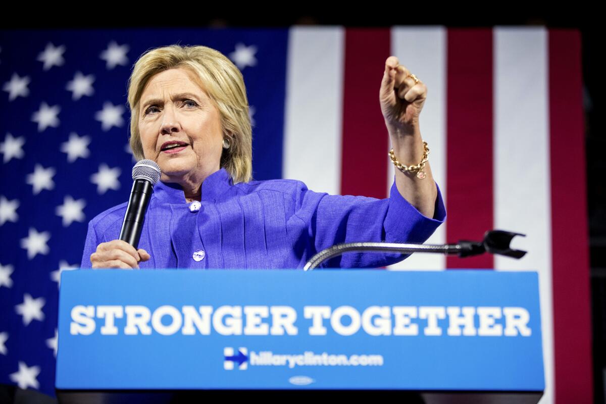 Democratic presidential candidate Hillary Clinton speaks at a rally the University of Cincinnati on Monday.