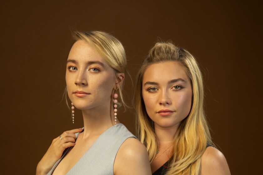 LOS ANGELES, CA --OCTOBER 23, 2019 — Saoirse Ronan and Florence Pugh are photographed during a day of promotion for their new film, “Little Women,” at the Directors Guild of America in Los Angeles, CA, Oct 23, 2019. Ronan and Pugh play sister and romantic rivals. (Jay L. Clendenin / Los Angeles Times)