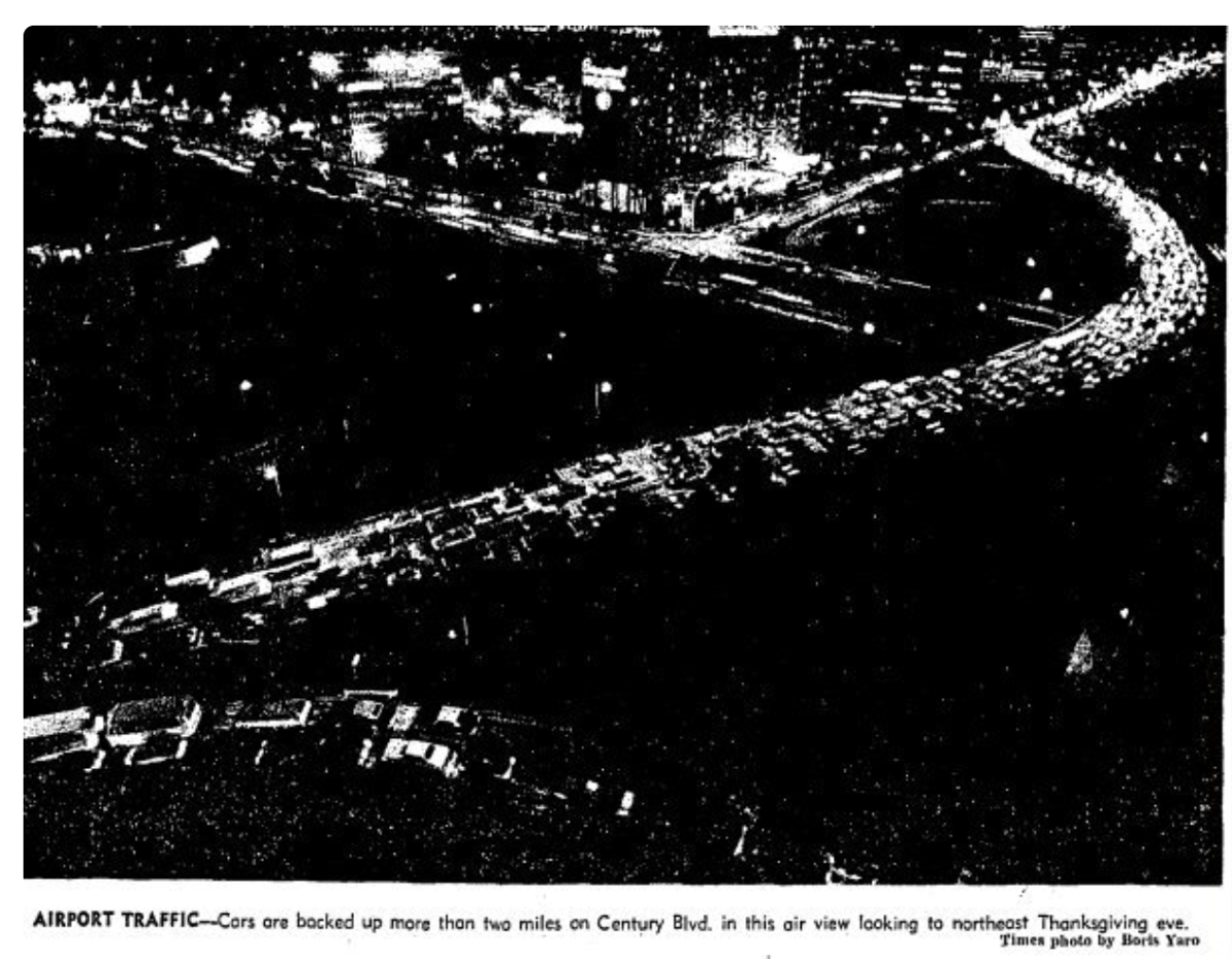 Thanksgiving holiday traffic at Los Angeles International Airport in the 1970s.