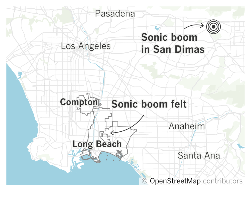 A map shows the site of the sonic boom, in San Dimas, and where it was felt, in Compton and Long Beach.