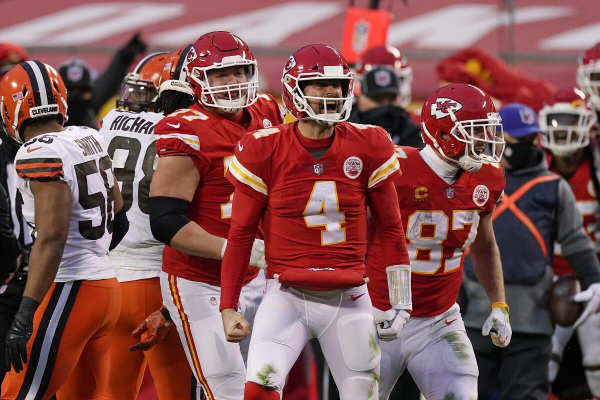 Kansas City Chiefs quarterback Chad Henne celebrates after a run.