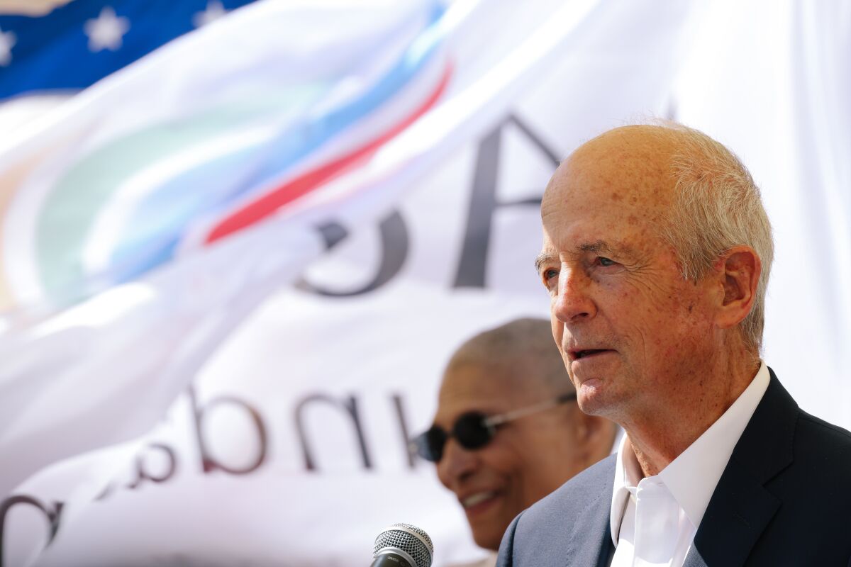 The 1984 Los Angeles Olympic Organizing Committee President Peter V. Ueberroth speaks during an event.