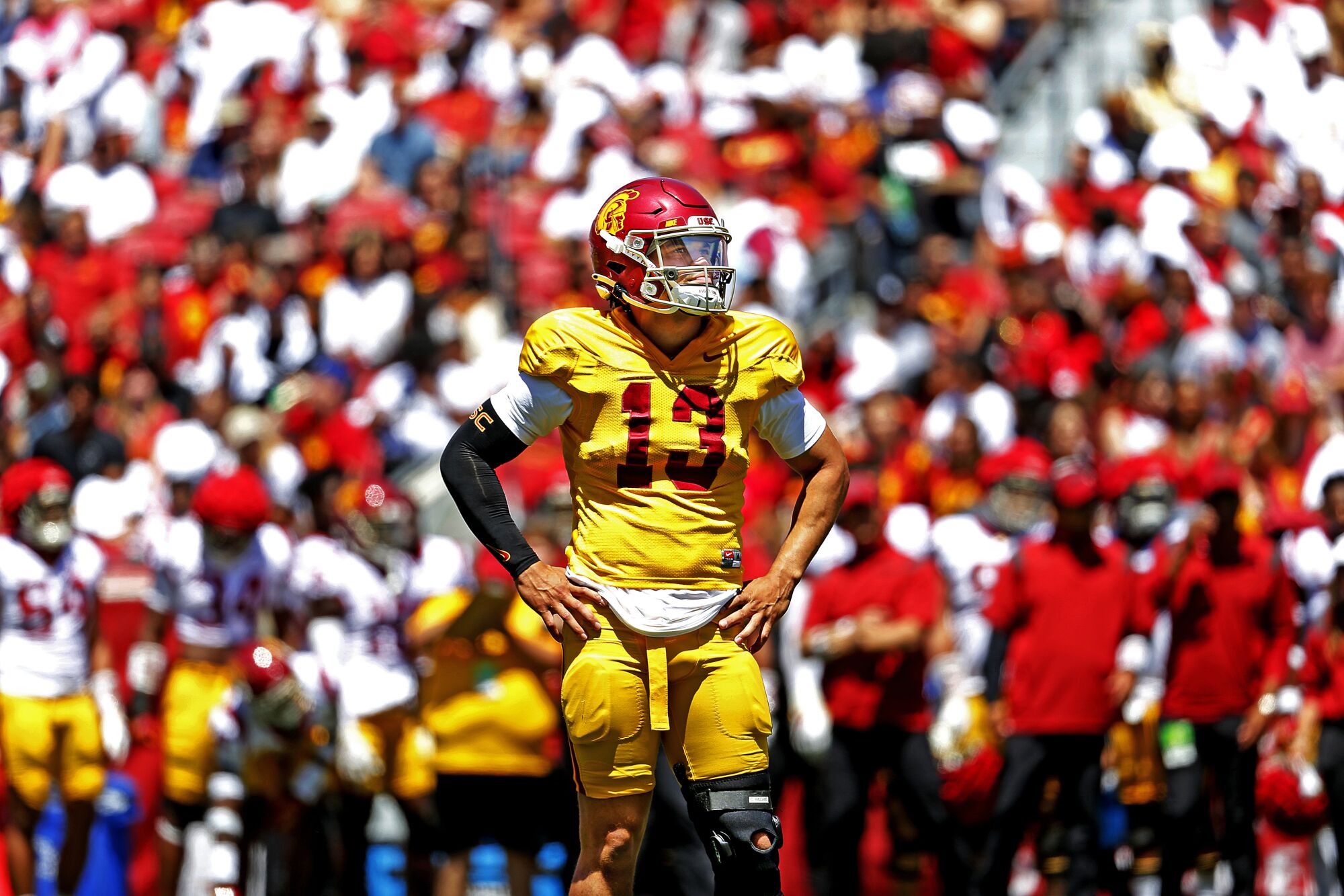 Quarterback Caleb Williams pauses in between plays in the USC Spring Game at the Coliseum on Saturday.