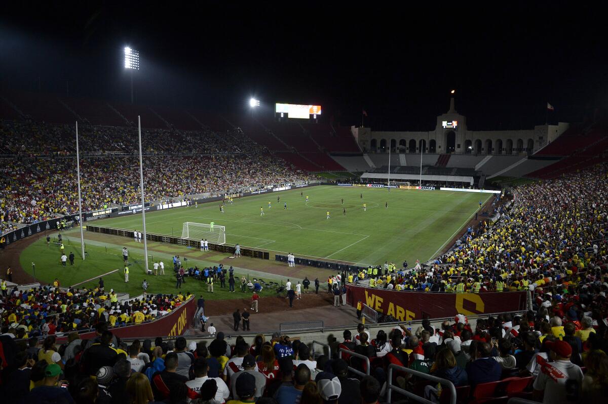 LOS ANGELES, CALIFORNIA - SEPTEMBER 10: General view of the Los Angeles Memorial Coliseum during the 2019 International Champions Cup match between Brazil and Peru on September 10, 2019 at Los Angeles Memorial Stadium in Los Angeles, California. (Photo by Kevork Djansezian/Getty Images) ** OUTS - ELSENT, FPG, CM - OUTS * NM, PH, VA if sourced by CT, LA or MoD **