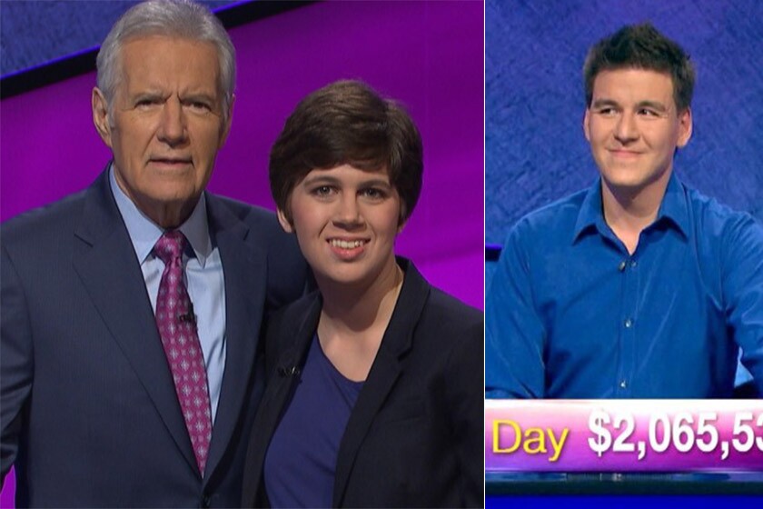 Emma Boettcher, pictured with "Jeopardy" host Alex Trebek, will face James Holzhauer in the Tournament of Champions.