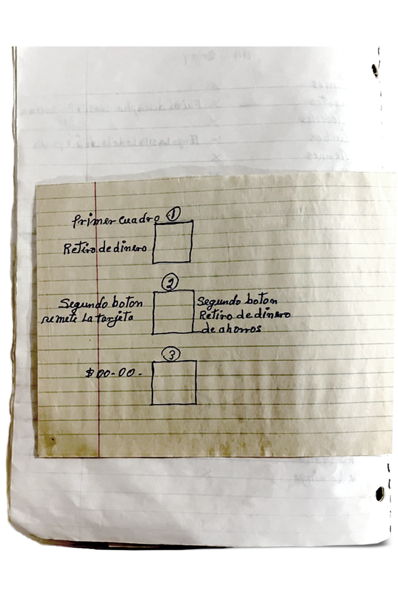 A page from a spiral bound notebook with handwritten notes and drawings "Primer cuadro. Retiro de dinero"