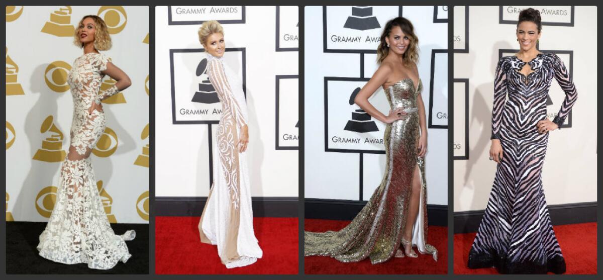 Left to right, Beyonce, Paris Hilton, Chrissy Teigen and Paula Patton at the Grammy Awards at Staples Center in Los Angeles.